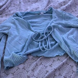 Gaze Green Ribbed Crop Blouse with Tie Front